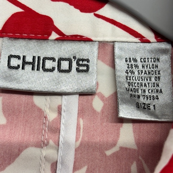 Chico's Red White Floral Jacket 1 / Small Cotton Stretch - Picture 3 of 6